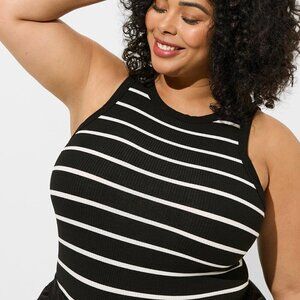 Torrid - Super Soft Rib High Neck Tank Top in Aila Stripe, White/Deep Black‌